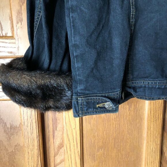 Dennis Basso Mob Wife Dark Denim Faux Fur Trim Jean Jacket - L - Picture 8 of 14